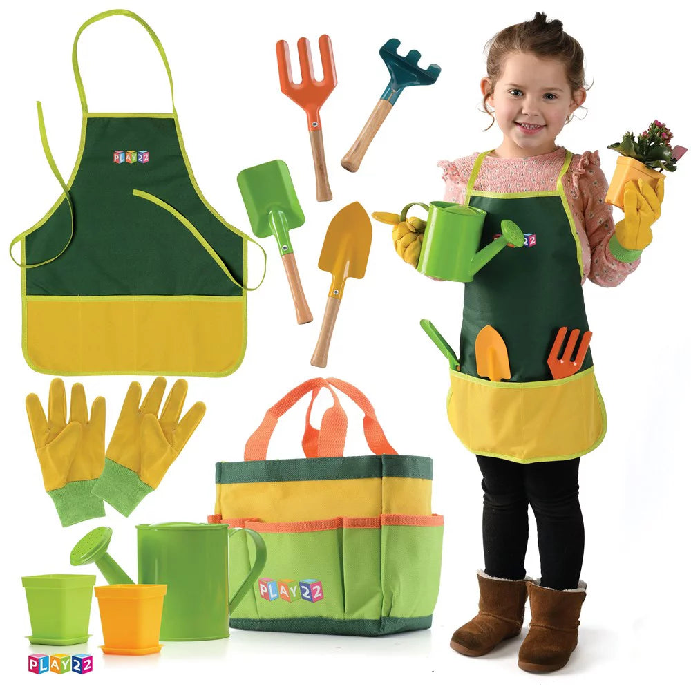 Kids Gardening Tool Set 12 PCS - Shovel, Rake, Fork, Trowel, Apron, Gloves, Watering Can, Tote Bag - Wooden Gardening Tools for Kids