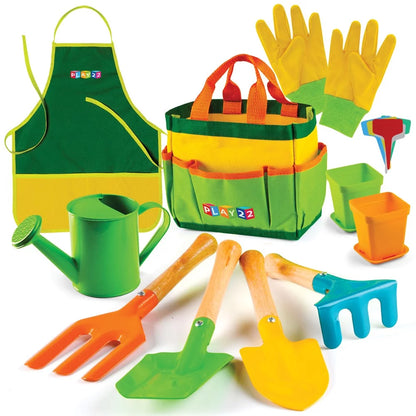 Kids Gardening Tool Set 12 PCS - Shovel, Rake, Fork, Trowel, Apron, Gloves, Watering Can, Tote Bag - Wooden Gardening Tools for Kids