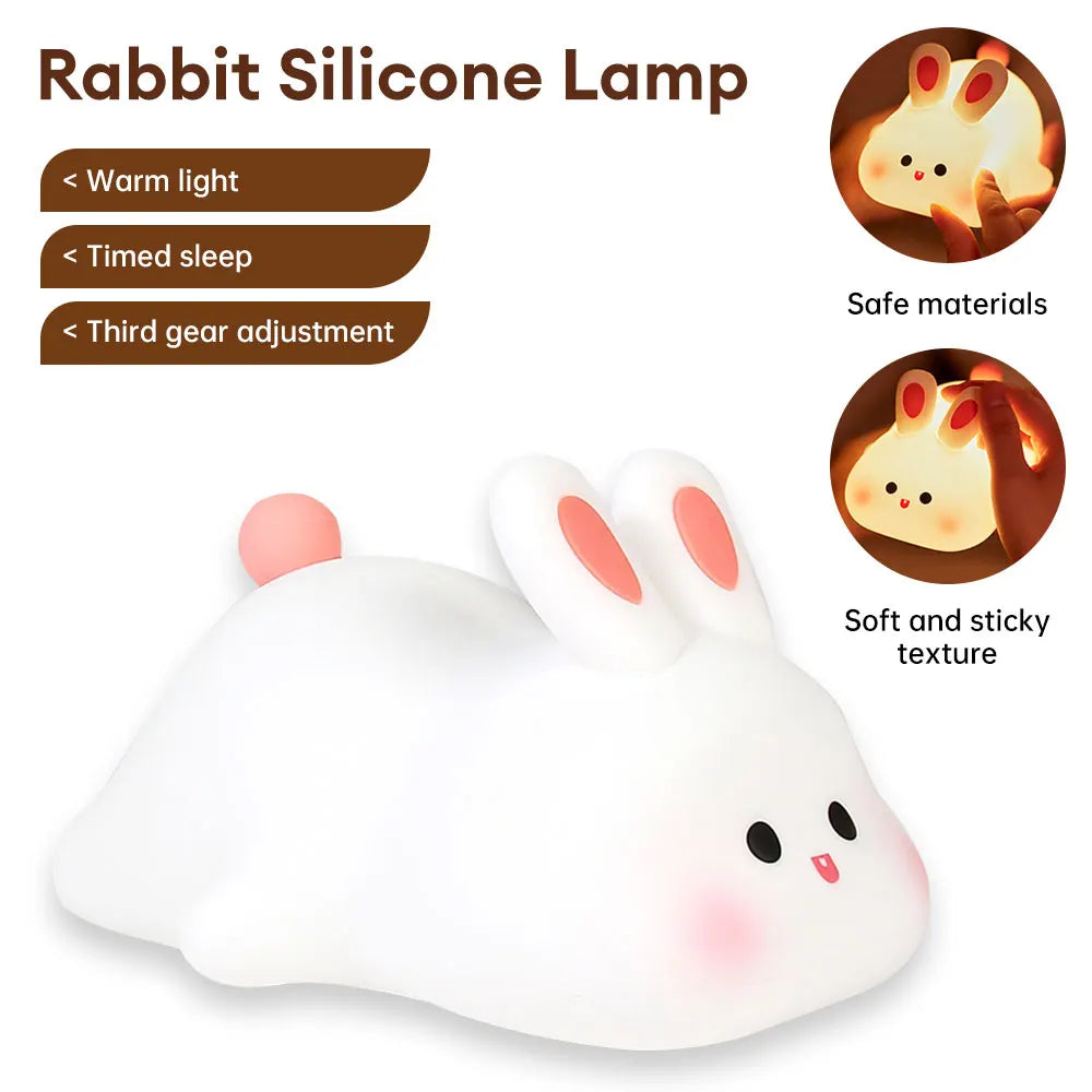 Cute Rabbit Silicone Pat Lamp Soft Light Touch Sensor Bedside Night Light Childern Kid Sleep Accompany Light for Decor Gift