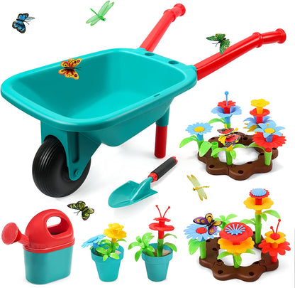 Kids Gardening Tool Set with Wheelbarrow & Flower Building Toy - 71-Piece STEM Garden Kit, Outdoor & Indoor Pretend Play for Boys & Girls