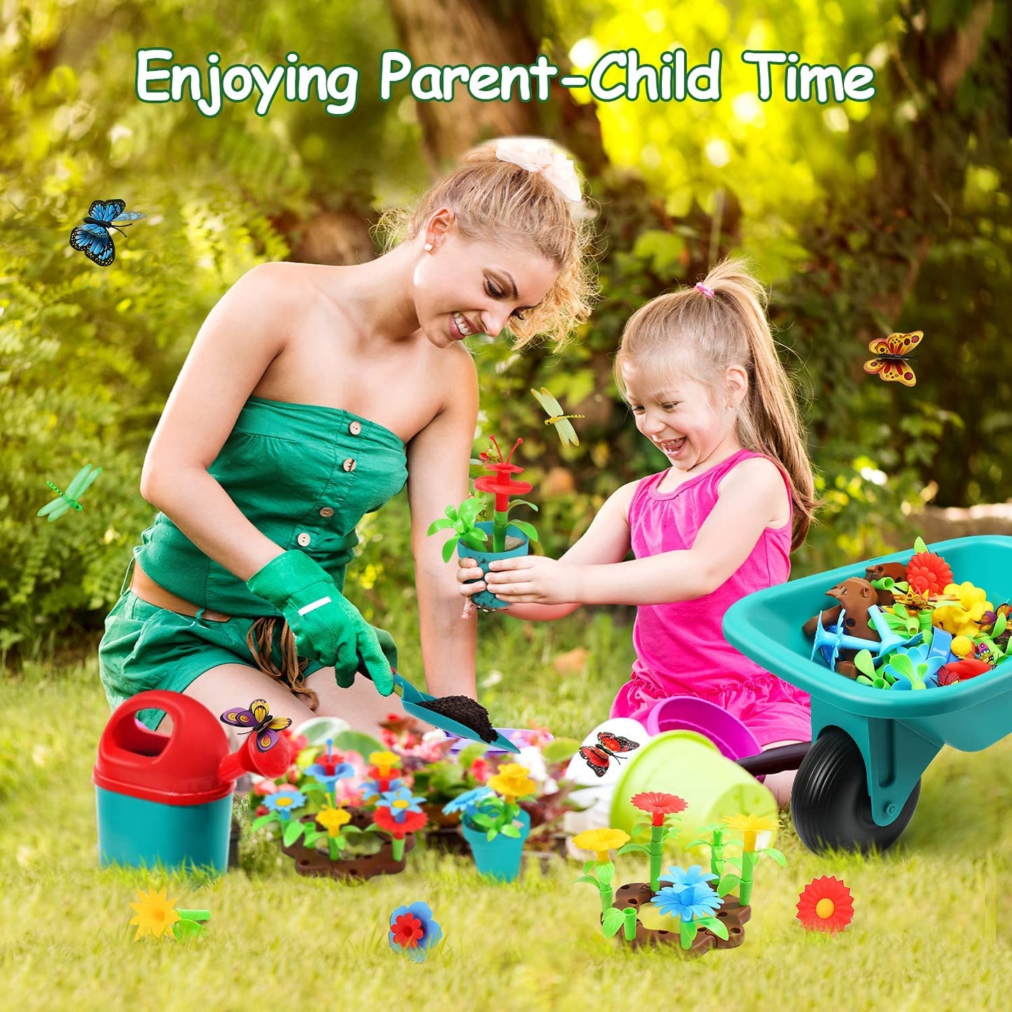 Kids Gardening Tool Set with Wheelbarrow & Flower Building Toy - 71-Piece STEM Garden Kit, Outdoor & Indoor Pretend Play for Boys & Girls