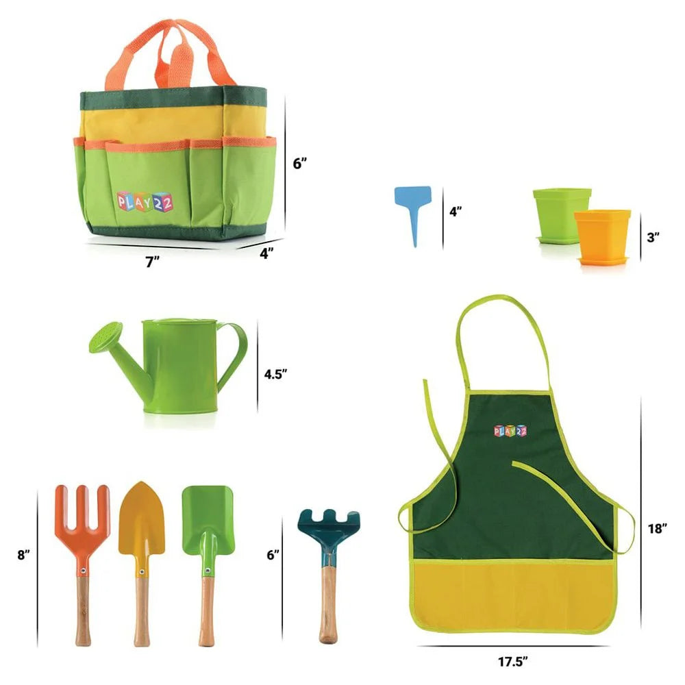 Kids Gardening Tool Set 12 PCS - Shovel, Rake, Fork, Trowel, Apron, Gloves, Watering Can, Tote Bag - Wooden Gardening Tools for Kids