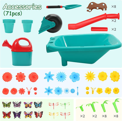 Kids Gardening Tool Set with Wheelbarrow & Flower Building Toy - 71-Piece STEM Garden Kit, Outdoor & Indoor Pretend Play for Boys & Girls