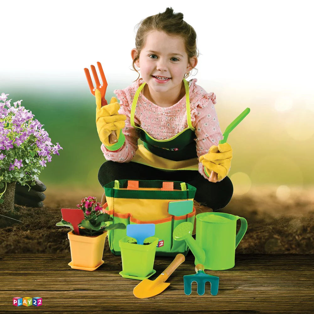 Kids Gardening Tool Set 12 PCS - Shovel, Rake, Fork, Trowel, Apron, Gloves, Watering Can, Tote Bag - Wooden Gardening Tools for Kids