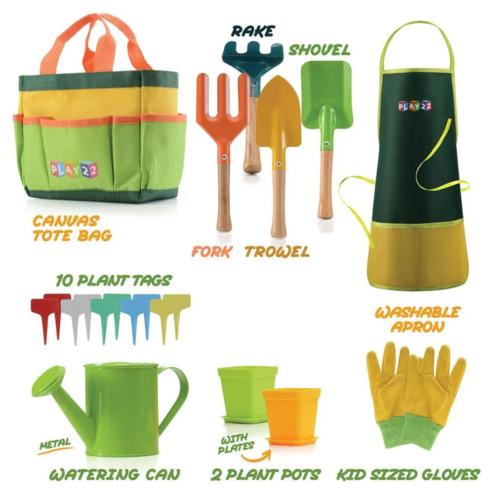 Kids Gardening Tool Set 12 PCS - Shovel, Rake, Fork, Trowel, Apron, Gloves, Watering Can, Tote Bag - Wooden Gardening Tools for Kids